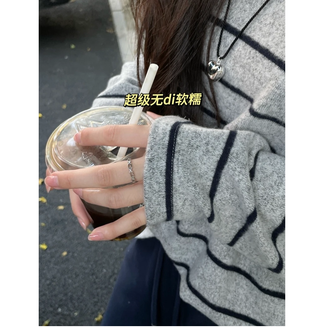 4588韩版刺绣小马仿羊绒条纹刺绣宽松慵懒软软糯糯手感休闲圆领