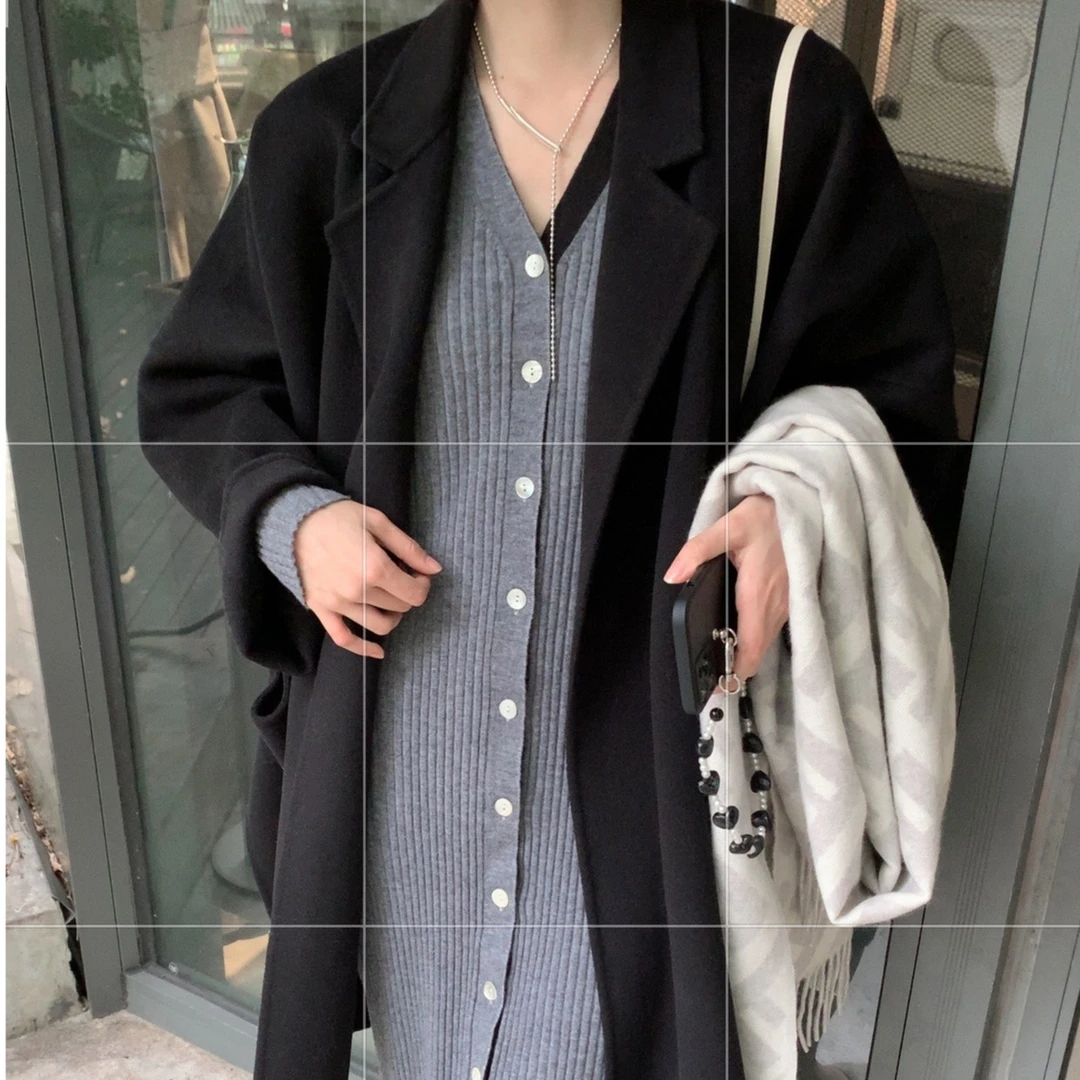 ASM ANNA◆ vintage卡门裙~V领坑条连衣裙羊毛针织裙A3179-1