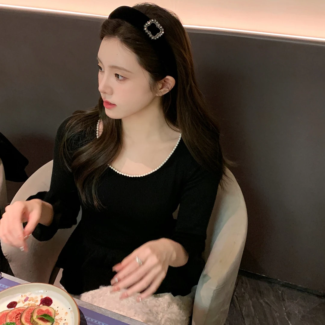 ASM ANNA◆蓝风铃～优雅小珍珠领收腰百褶针织上衣MS0665