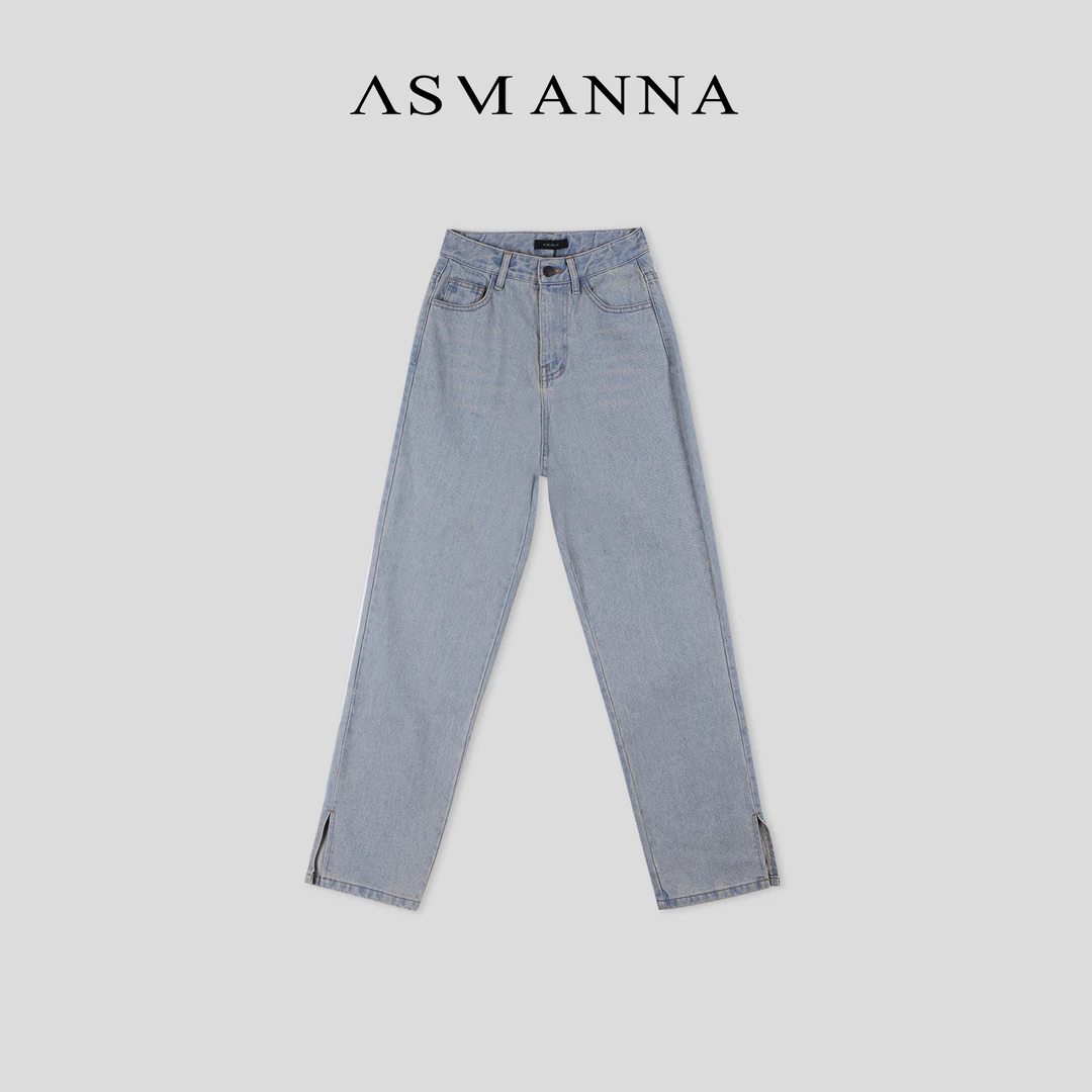 ASM ANNA 开衩高腰直筒阔腿裤纯棉牛仔裤女春秋季WS5198