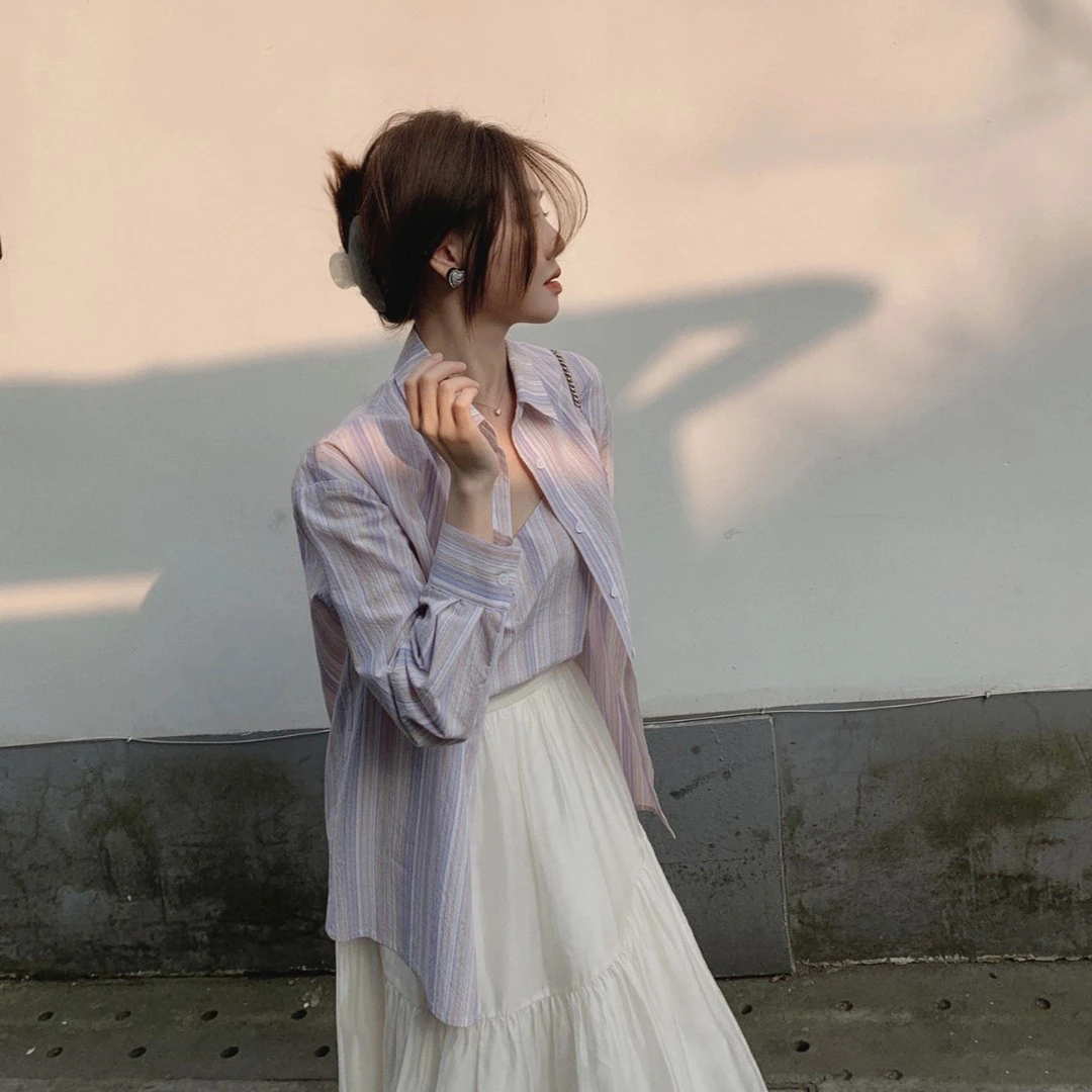 ASM ANNA◆半岛小条纹~A9750洋气修身吊带两件套复古港风条纹衬衫