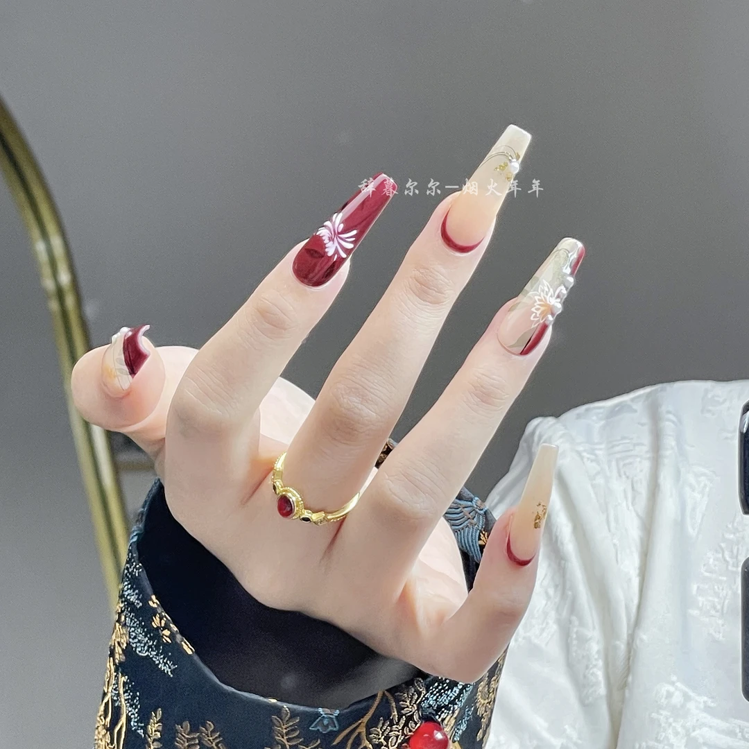 【九华】超薄款菊花老钱风新中式国风手绘手工穿戴甲贵气法式显白