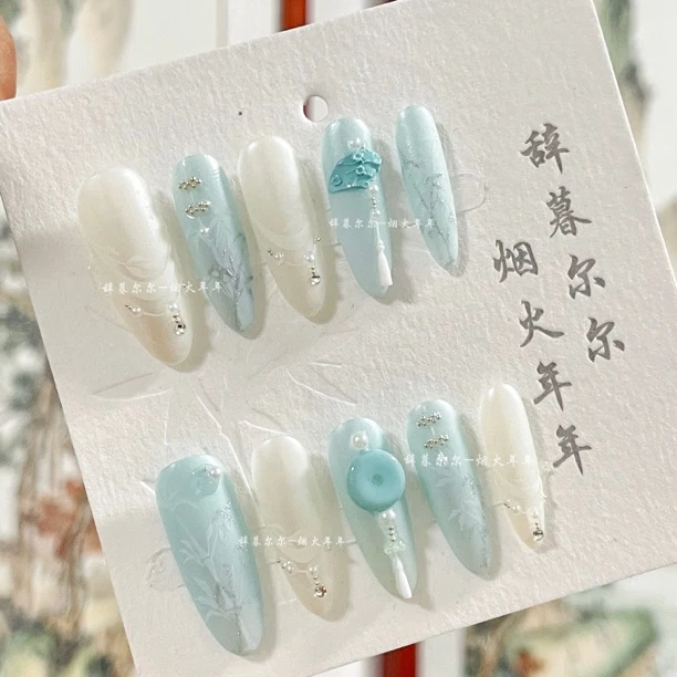 【梦行云】旗袍雾面丝绸新中式国风手绘手工穿戴甲显白薄荷绿清冷