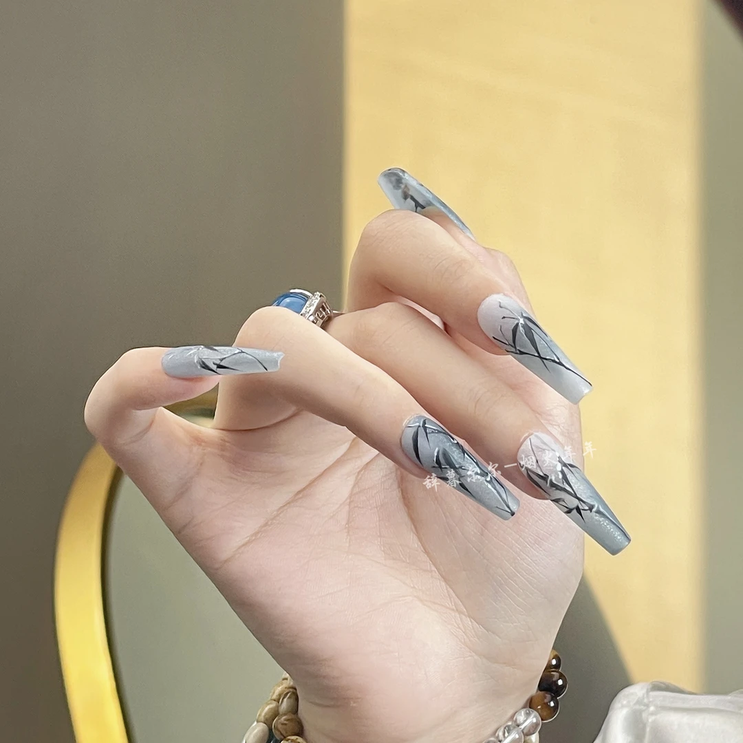 【大雪】亮面蓝色系雪落竹子手绘纯手工穿戴甲显白