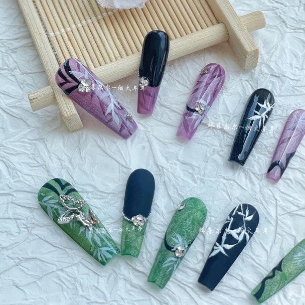 【苏幕遮】高定国风新中式手绘纯手工穿戴甲高级绿色紫色