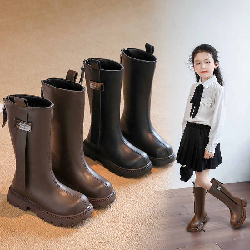 女童鞋子儿童长筒靴宝宝大童女孩高筒洋气靴子新款秋冬季走秀皮靴