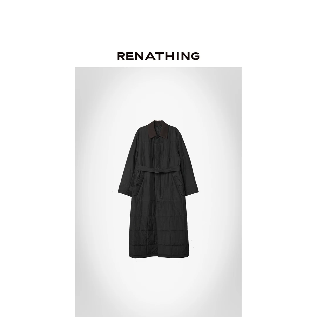 【RENATHING】翻领撞色长款绗缝夹棉外套