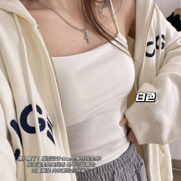 时尚网红细条纹一字肩美背吊带背心女带胸垫固定一体杯抹胸内衣