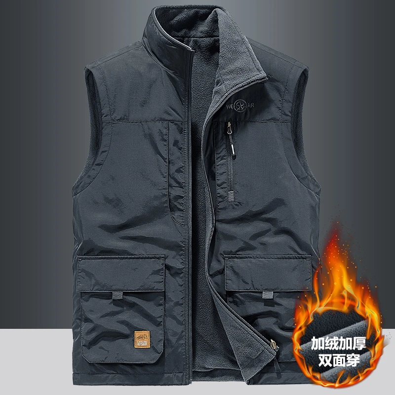 春秋厚款摇粒绒马甲男士休闲坎肩户外多口袋双面穿抓绒背心马夹男