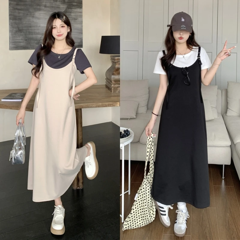 6587夏季新款胖妹妹大码女装显瘦短袖上衣+吊带连衣裙两件套