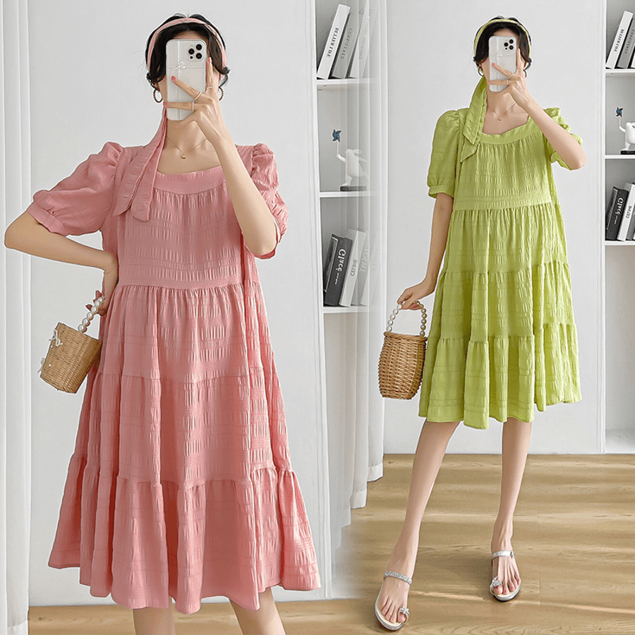 孕妇装2024夏季新款时尚大裙摆孕妇连衣裙韩版夏装孕妇裙+发带
