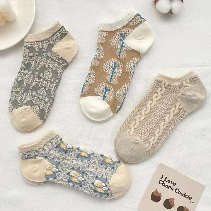 【四双装】袜子女甜美春夏季短袜透气复古文艺碎花休闲低帮浅口潮袜