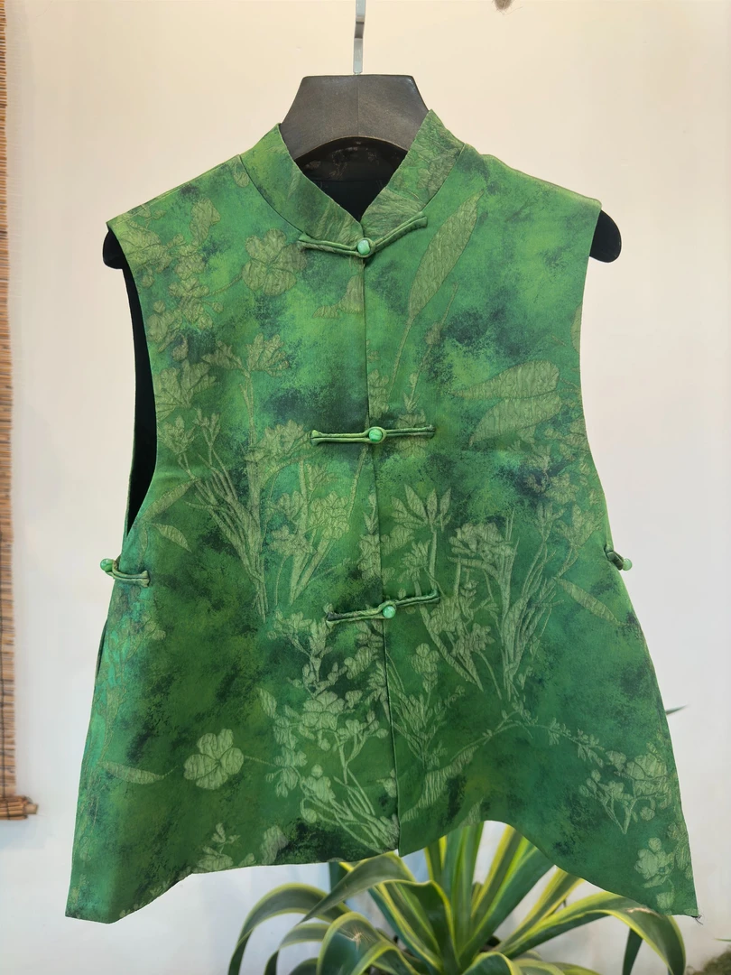 【凤栖】春意盎然 新中式绿色提花女洋气百搭立领醋酸马甲