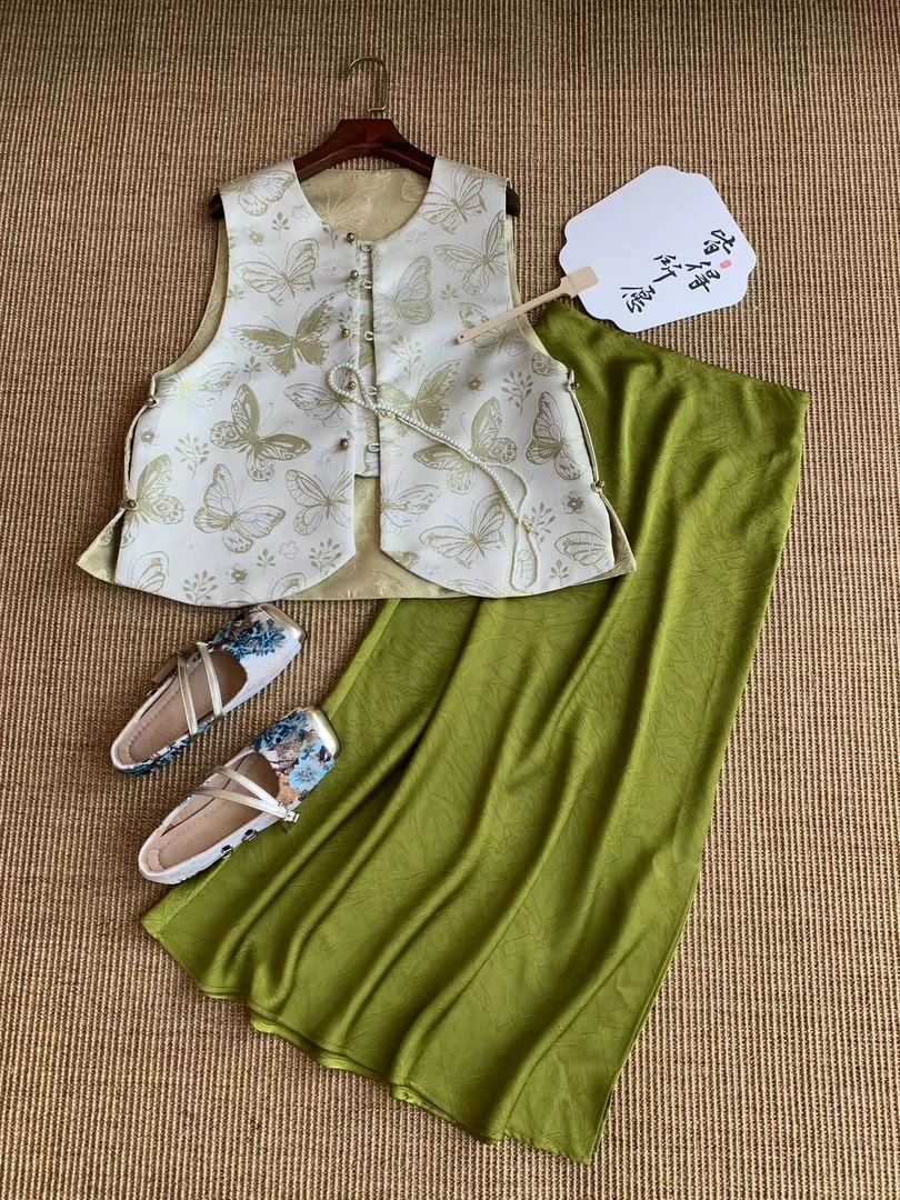 【素心】柔舞蝴蝶 新中式马甲女春秋新款轻奢双面穿国风金扣马夹