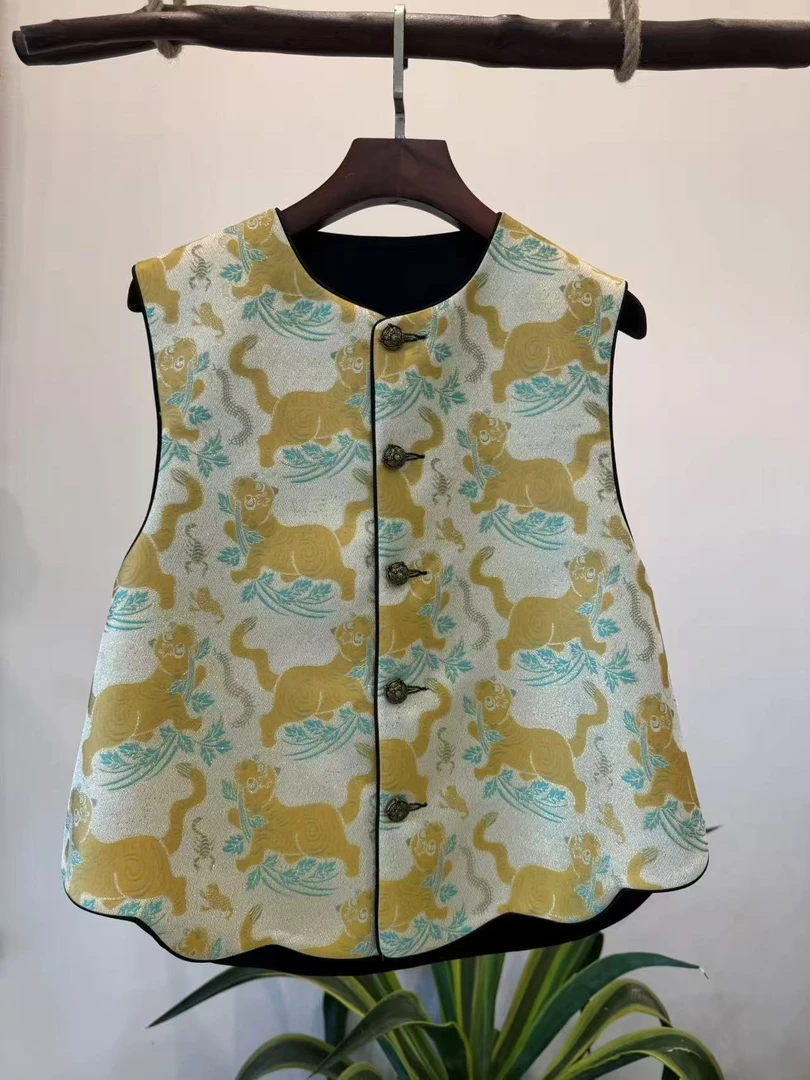 【素心】黑色虎镇五毒提花双面马甲