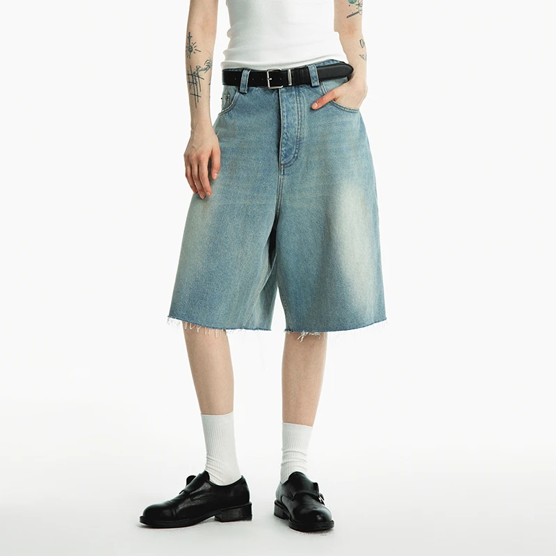 Ahhh美式复古牛仔短裤女夏季新款直筒阔腿水洗低腰显瘦直筒五分裤