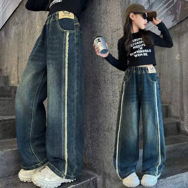 秋装新品·破价福利~秋款女童毛边贴标牛仔阔腿裤-DF282