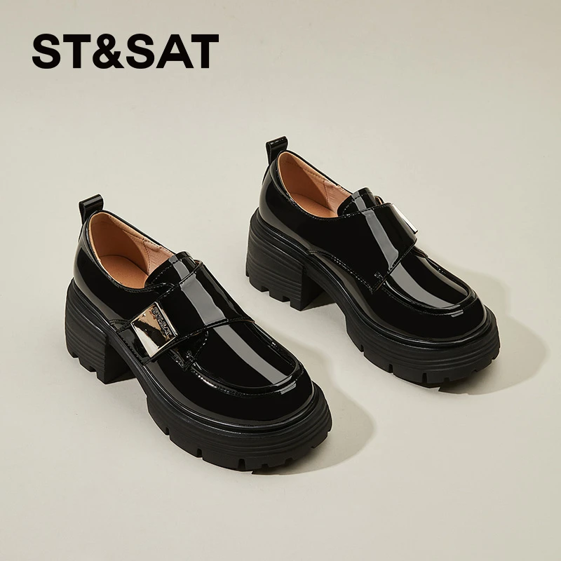 星期六学院风乐福鞋女2025冬季新款魔术贴JK鞋子女增高黑色小皮鞋