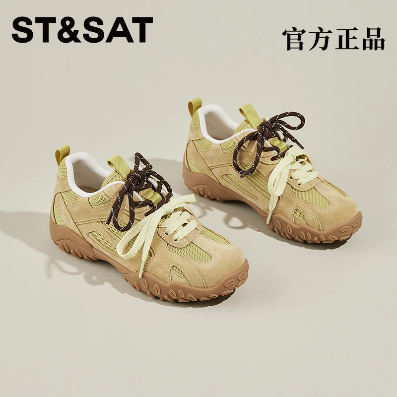 星期六女鞋4CM厚底真皮绒面拼色阿甘鞋女士2025年冬季爆款德训鞋