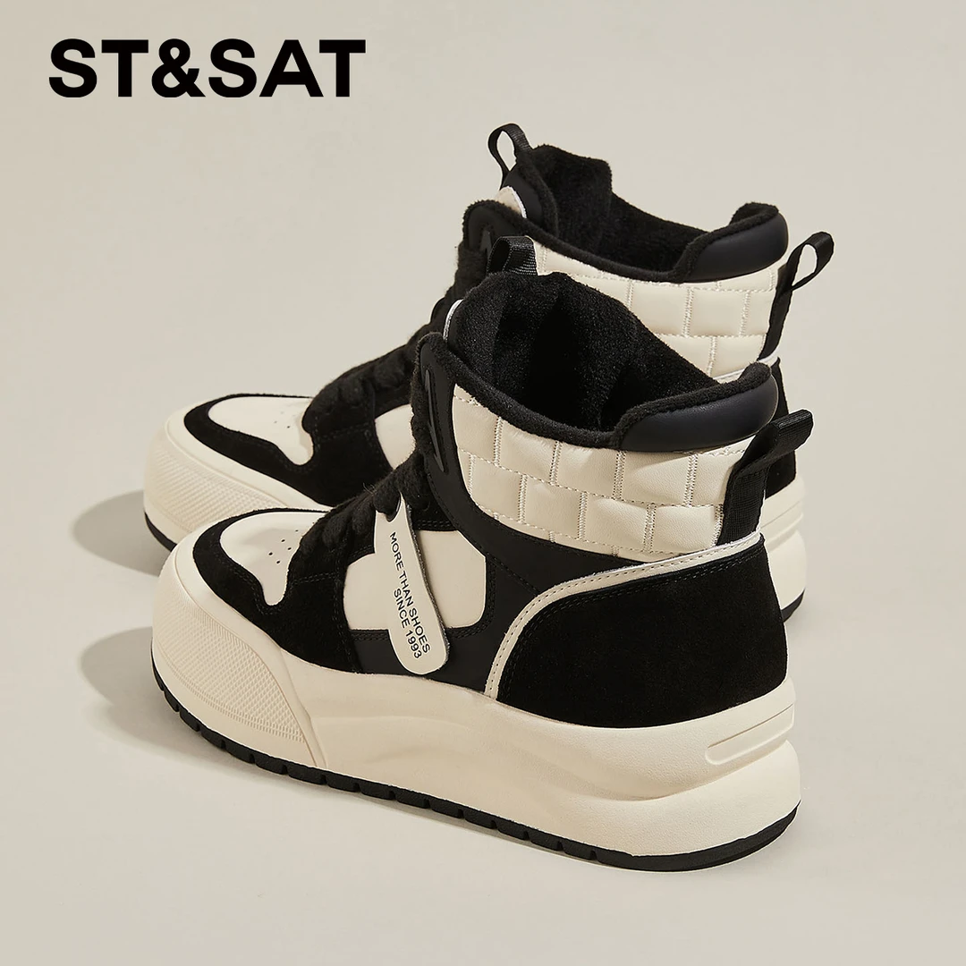 星期六黑白熊猫女鞋真皮厚底高帮板鞋女冬季加绒加厚运动休闲棉鞋