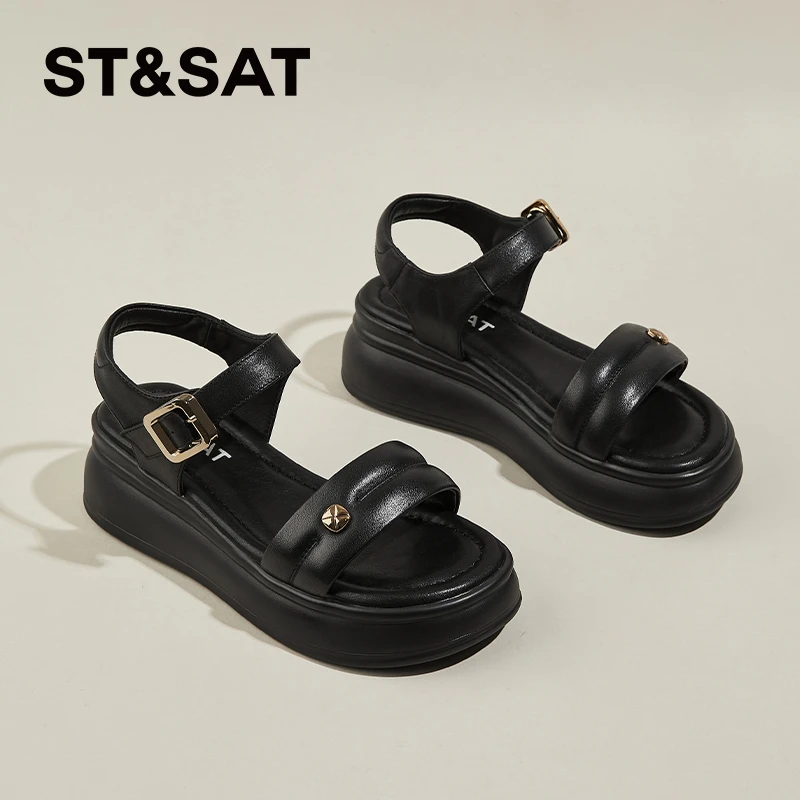 星期六休闲运动凉鞋女2024新款夏季外穿小个子增高厚底松糕沙滩鞋