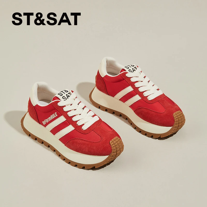 星期六运动鞋时尚百搭厚底阿甘鞋2025冬季新款女士红色板鞋休闲鞋