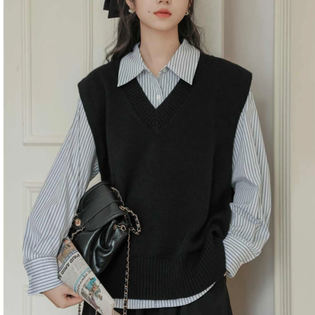 千朔「慵懒风」V领针织马甲背心女秋冬叠穿无袖毛衣毛线坎肩服装