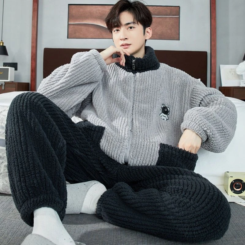 新款加绒加厚可外穿睡衣外套时尚休闲百搭秋冬家居服套装男士保暖