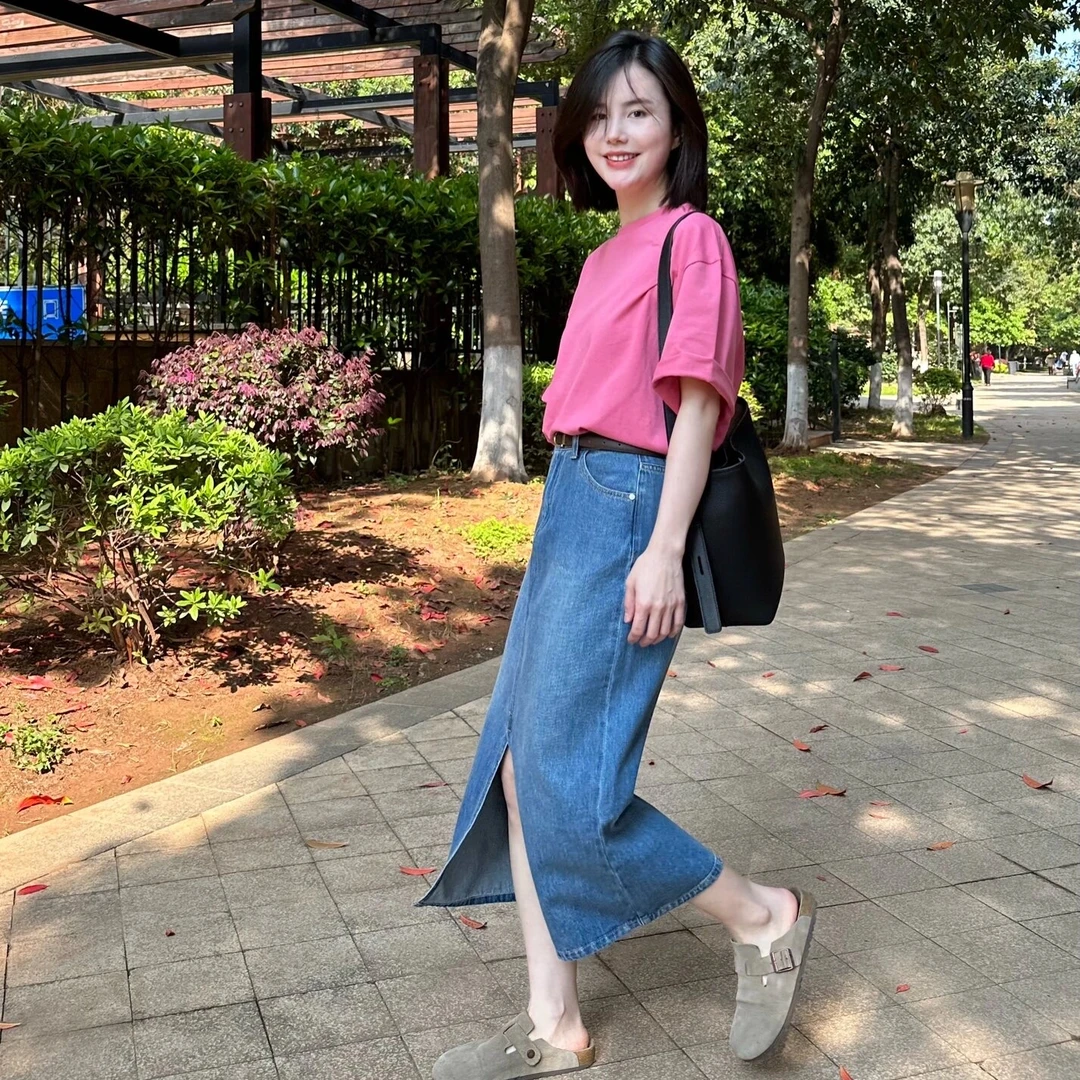 2024新款春中长款a字包臀裙百搭夏季高腰开叉牛仔半身裙简约短袖