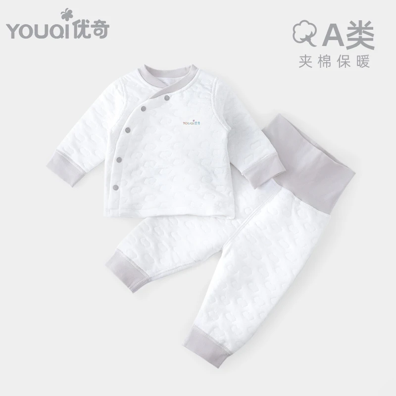 婴儿保暖衣套装宝宝内衣秋冬男0岁1睡衣加厚冬装高腰护肚衣服夹棉