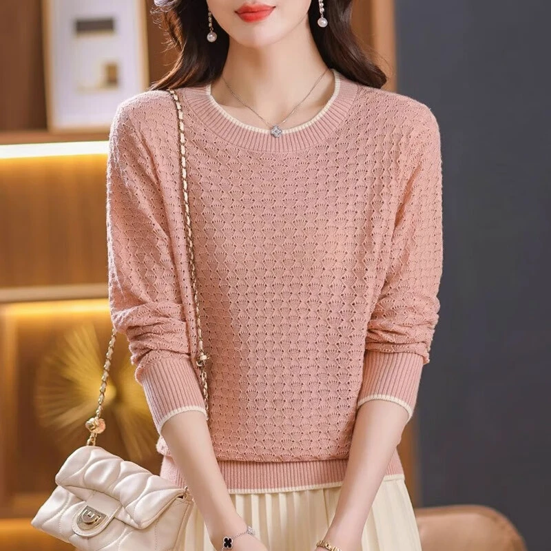 早秋新款宽松镂空薄款针织衫毛衣女百搭显瘦圆领打底衫潮