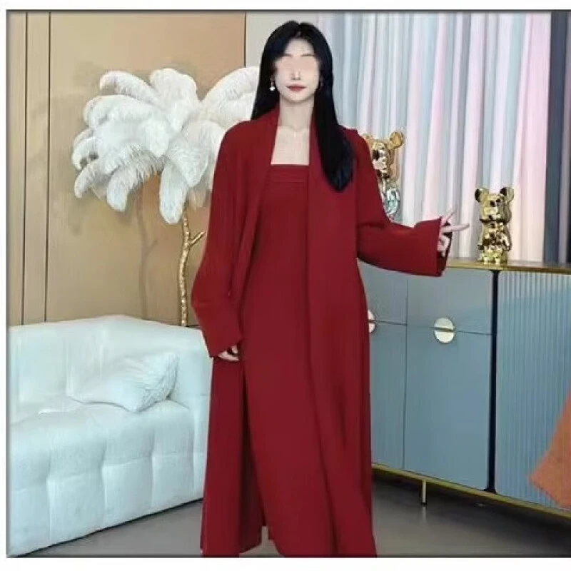 法式温柔风中长款加厚针织大衣套装长裙春秋爆款高级感气质连衣裙