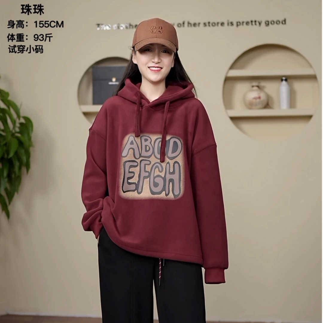 双面奥粒绒女秋冬设计感休闲连帽宽松加绒套头卫衣女