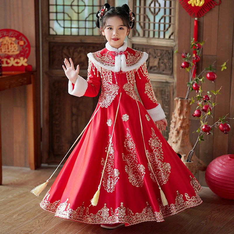 女童汉服秋冬款国风古装连衣裙2024新款儿童古风裙子加绒唐装冬季