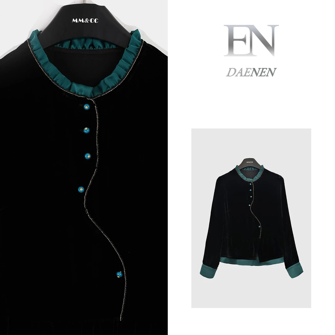 仫赐【云梦】新中式国风真丝丝绒衬衫秋季设计感拼色上衣LYFSY1125