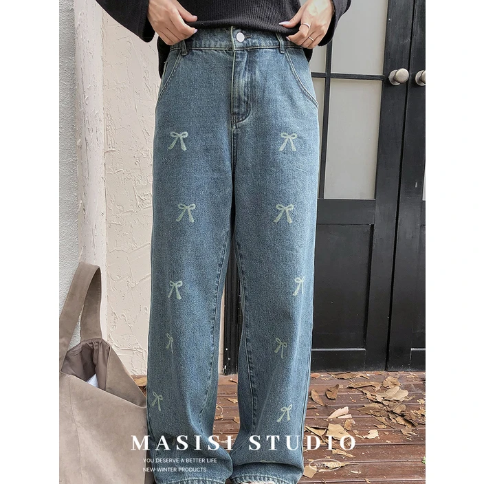 【宠粉回馈】马西西微胖mm蝴蝶结加绒直筒牛仔裤女大码宽松垂感裤子