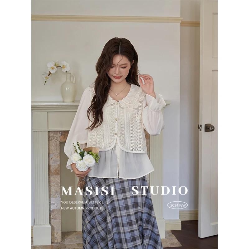 【宠粉回馈】马西西微胖大码法式设计感宽松显瘦镂空假两件正肩上衣