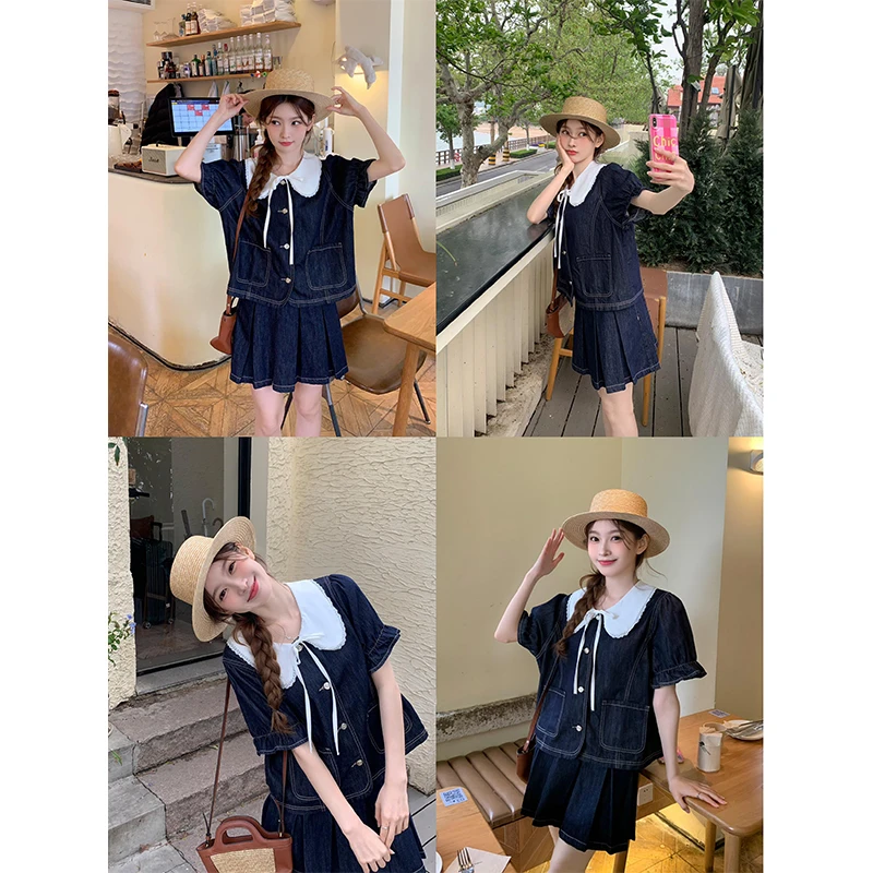 【宠粉回馈】马西西微胖mm大码娃娃领牛仔套装女短袖上衣半裙两件套