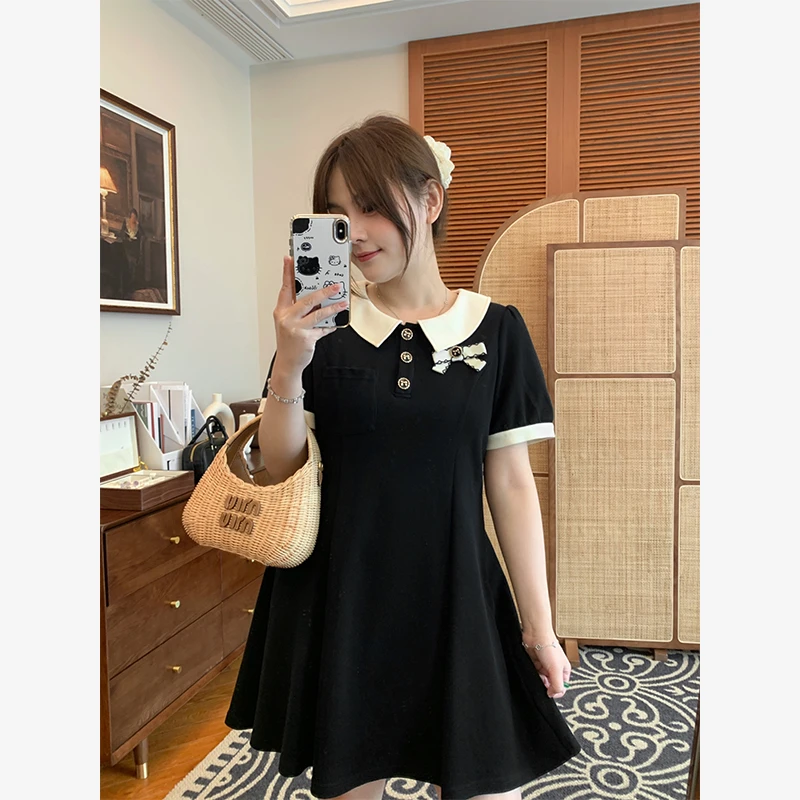 【宠粉回馈】马西西微胖大码复古蝴蝶结翻领连衣裙女收腰中长款裙