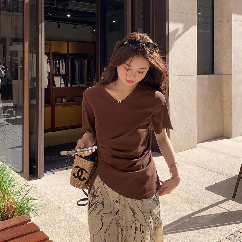 【宠粉回馈】马西西微胖mm大码抽褶V领短袖T恤女宽松显瘦收腰上衣