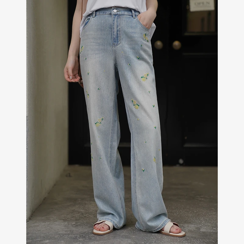 【宠粉回馈】马西西微胖mm烫钻刺绣直筒牛仔裤女大码宽松阔腿裤子