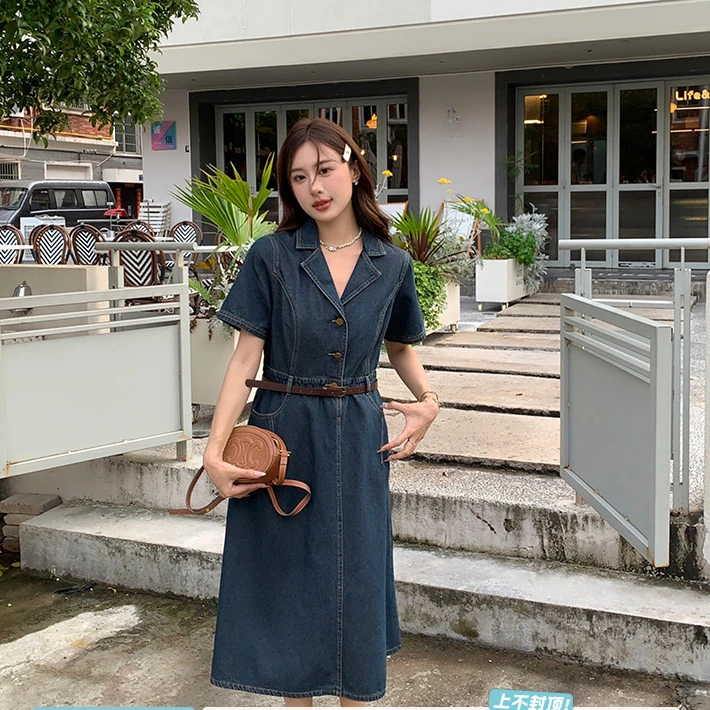 【宠粉回馈】马西西微胖mm复古短袖牛仔连衣裙女大码显瘦中长款裙子