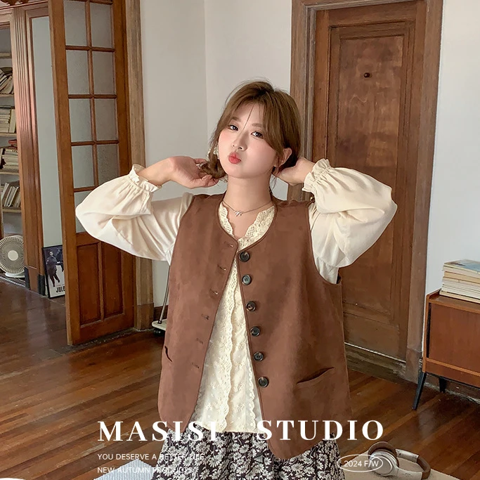 马西西微胖大码女秋季胖mm“嬉皮士”复古宽松显瘦叠穿马甲