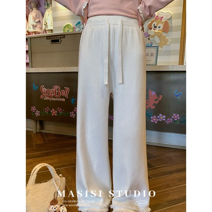 【宠粉回馈】马西西大码女装双层流苏毛边针织裤冬季胖mm高腰阔腿裤