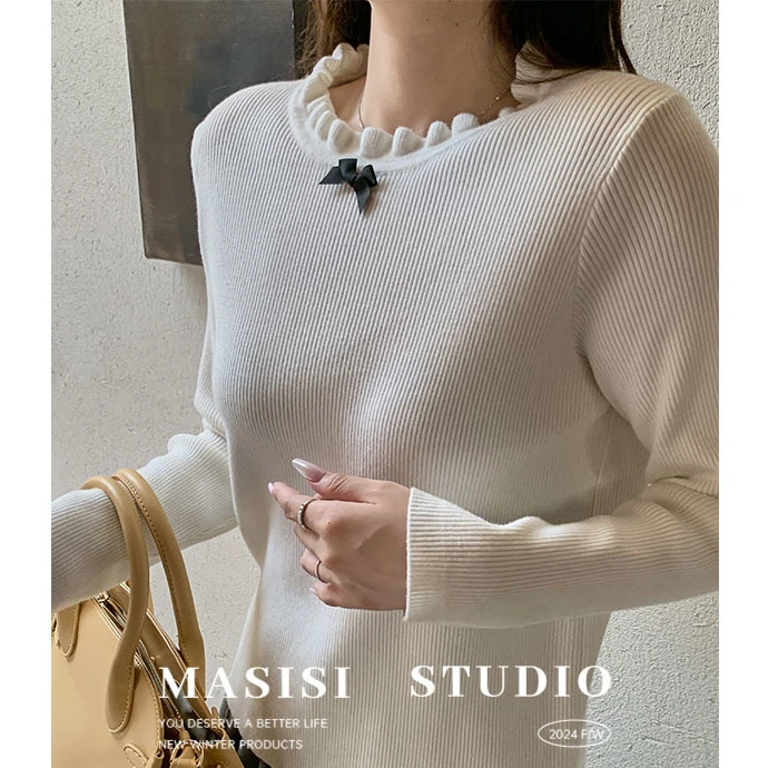 【宠粉回馈】马西西微胖大码蝴蝶结花边领针织打底衫女冬长袖上衣