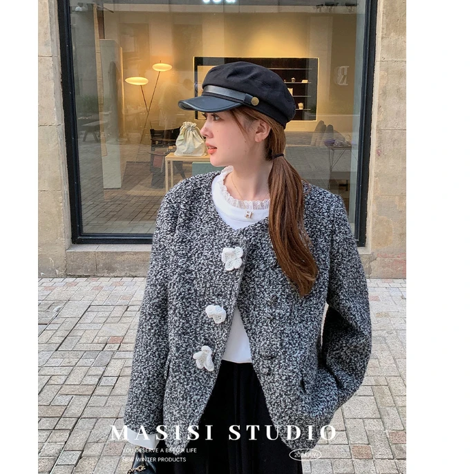 【宠粉回馈】马西西微胖mm撞色花朵毛呢外套女冬季大码宽松显瘦上衣