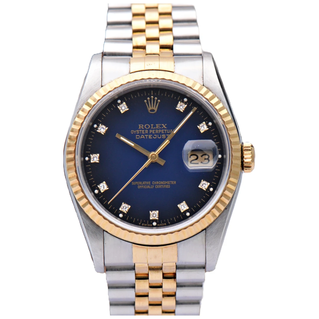 99新 Rolex/劳力士 日志型16233/原钻烟熏蓝36mm自动机械男表单表