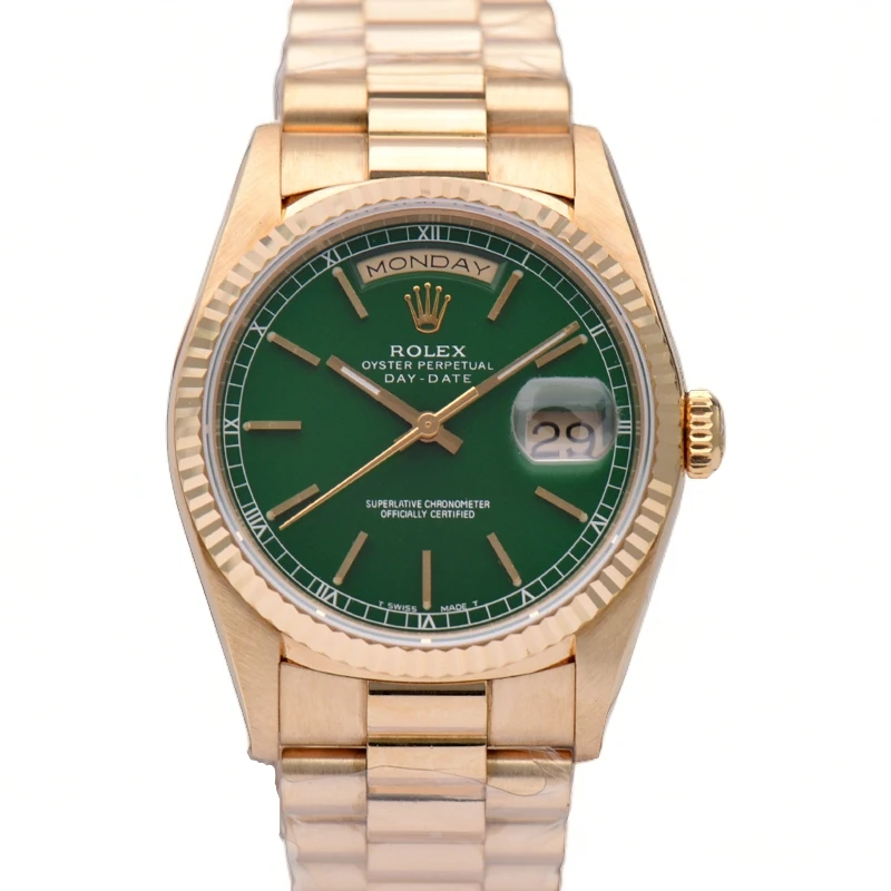 99新 Rolex/劳力士 金劳18238/36mm绿盘条刻/18K黄金自动机械男表