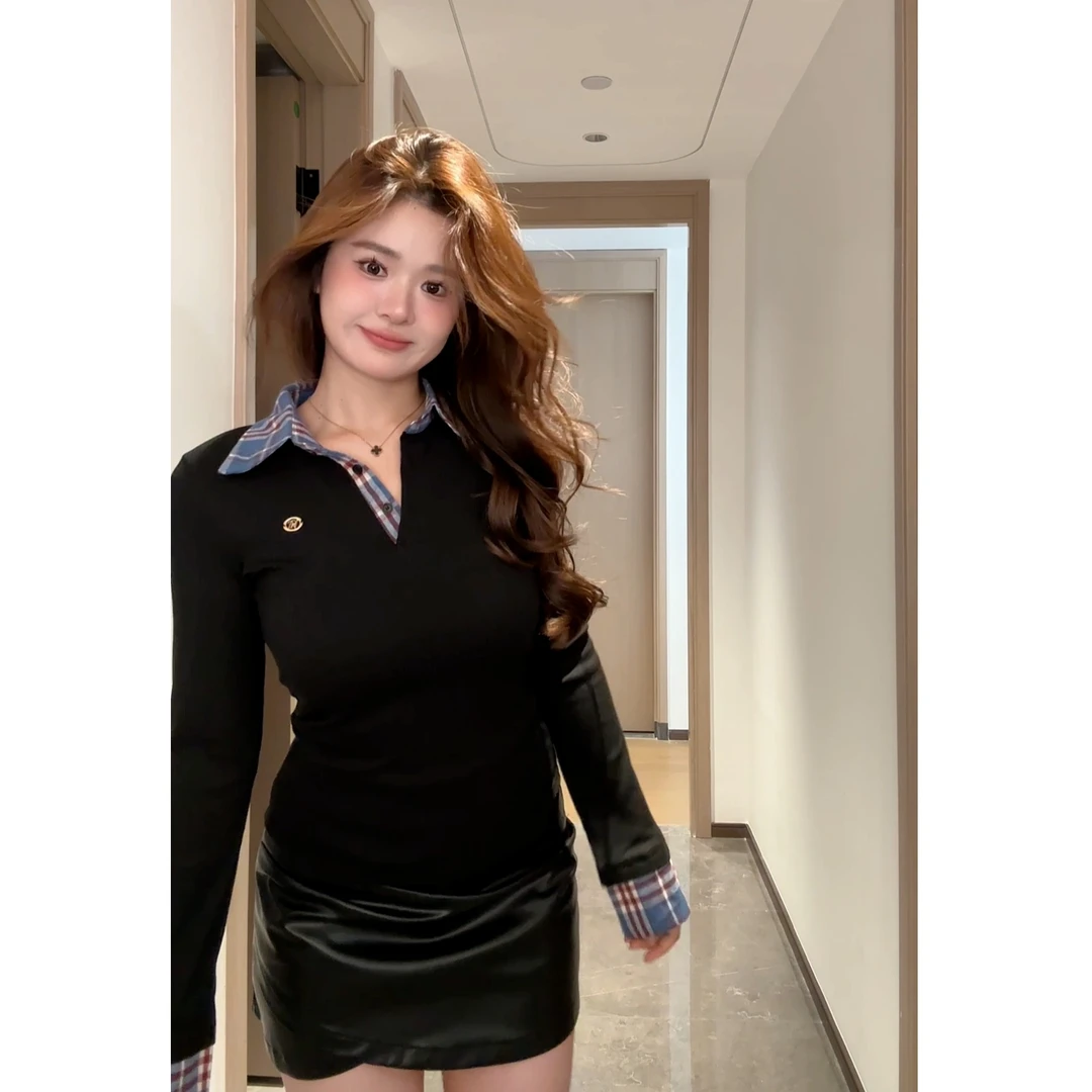 胖MM大码女装假两件格子拼接正肩长袖T恤女修身显瘦辣妹打底上衣