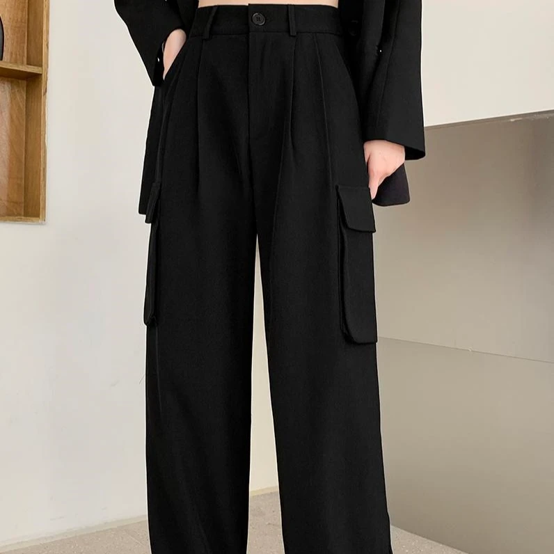 【清清】百搭黑色工装裤女宽松阔腿裤美式复古辣妹ins休闲裤长裤